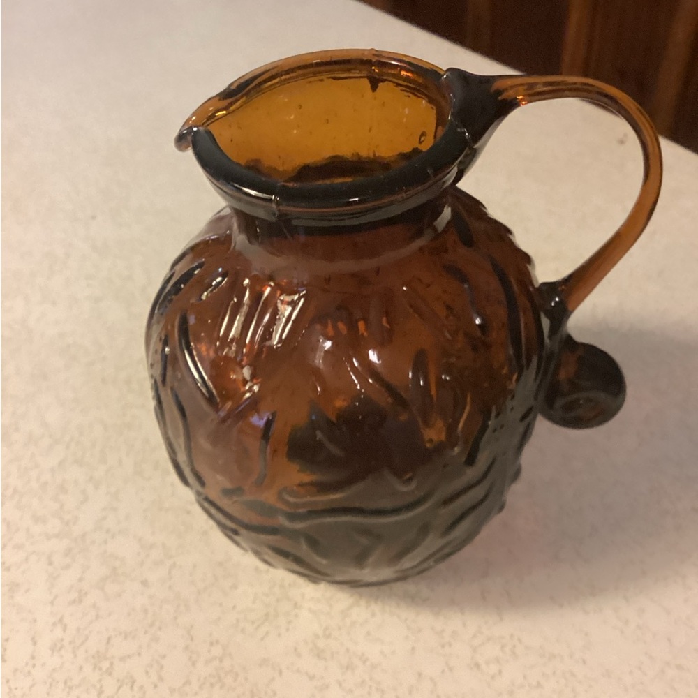 Small Vintage amber glass pitcher, height 4”, Reduced